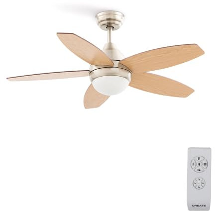 CREATE / WINDFLOWOOD/Deckenventilator mit Beleuchtung Nickel Naturholzflügel mit Fernbedienung/Umkehrbare Flügel, AC-Motor, Programmierbar von 1h bis 4h, 2 Höhen, 3 Lichttemperaturen, 60W, Ø107cm