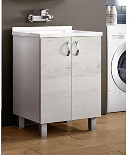 Dmora Lavatoio da bagno a due ante battenti con asse in legno, Mobile lavatoio con lavello, Made in Italy, cm 60x50h85, colore Bianco e Olmo