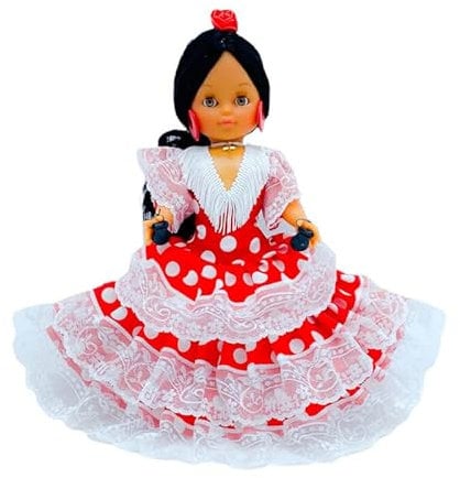 Folk Artesanía Puppe der Kollektion Regional 35 cm. Andalusisches Kleid mit Flamenca-Blume, Puppen (Rot, Weiß)