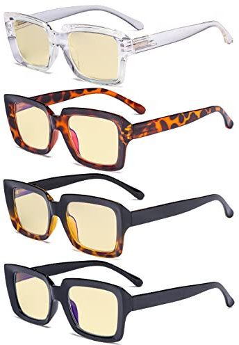 Eyekepper 4 Pack Reading Glasses Blue Light Blocking Oversized Square Computer Eyeglasses Yellow Tinted +0.00
