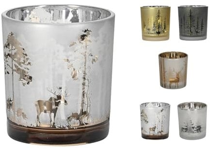 NETPROSHOP Windlicht Teelichthalter aus Glas Hirsch Motiv ca. 7 x 8 cm Auswahl, Farbe:Silber, Auswahl:Hirsch