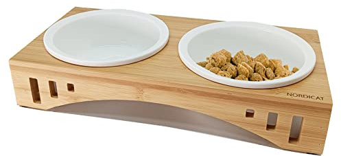 NORDICAT Gamelle Chats en Céramique Base Surélevée Anti-basculement en Bois de Bambou, Bol Boire et Manger Nourriture et de l'eau pour Animaux, Accessoires Nordicat Chats ou Petits Chiens