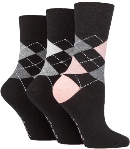 Gentle Grip Ladies 3 Pair Argyle Patterned Cotton Socks Argyle Black 4-8