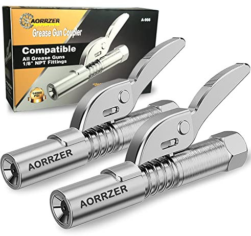 AORRZER Grease Gun Coupler 2 PCS, Strong Lock-on Greases Gun Couplers, 12000 PSI High Pressure Coupler Quick Release Grease, Durable and Compatible with All Grease Guns 1/8 NPT Grease Gun Fittings