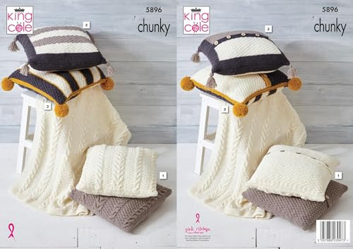 King Cole Chunky Knitting Pattern Cable Knit Throw Blanket & Cushion Covers (5896), Multi