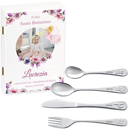 Maverton Set di 4 posate per bambini con incisione + scatola in legno con stampa personalizzata - motivo animali - idee regalo per battesimo bimba - principessa