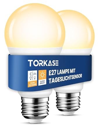 Torkase LED Lampe mit Dämmerungssensor, 13W E27 Lichtsensor Glühbirne Dusk to Dawn Light Bulb ersetzt 100W, Warmweiß 3000K 1100LM Auto ein/aus für Außen-/Innenbeleuchtung,Korridor Hof Garten, 2 Stück