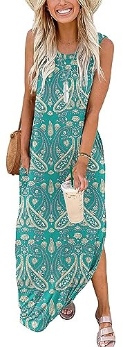 AUSELILY Maxikleider Damen Sommer Ärmellos Strandkleid Lang Sommer-Kleider Tank T-Shirt Kleid mit Taschen Boho Floral Grün XL