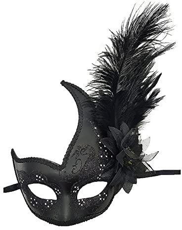 Damen Federmaske Venezianische Halloween Karneval Kostüme Party Ball Abschlussball Maske Frauen Feder Maske Cosplay Augenmaske Gesichtsmaske mit Glitzer und Federn (Schwarz, one size)
