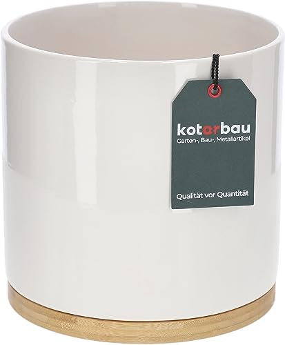 KOTARBAU® Pot de fleurs, diamètre : 19 cm, avec bac en bambou, cylindrique, en céramique, décoratif, blanc, pour plantes d'intérieur