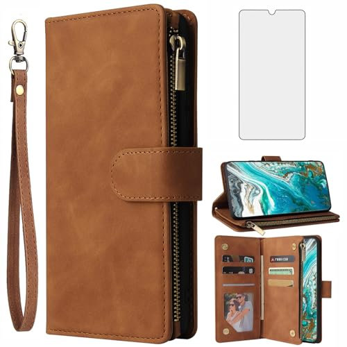 Asuwish Handyhülle für Gigaset GS5 Hülle mit Folie Schutzfolie und Kartenfach Klappbar Leder Geldbörse Ständer GS 5 Reißverschluss Schutzglas Panzerfolie Handy Hüllen Schutzhülle Phone Case Braun