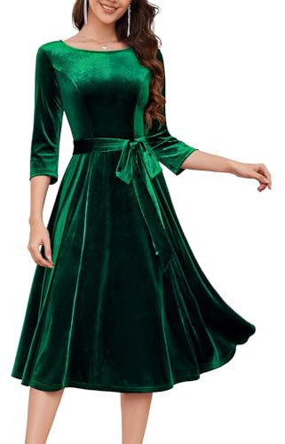 DRESSTELLS Dark Green Velvet Dress for Women UK, Christmas Party Dress with Long Sleeves, 2024 Xmas Winter Formal Evening Wedding Guest Dress Emerald Green L