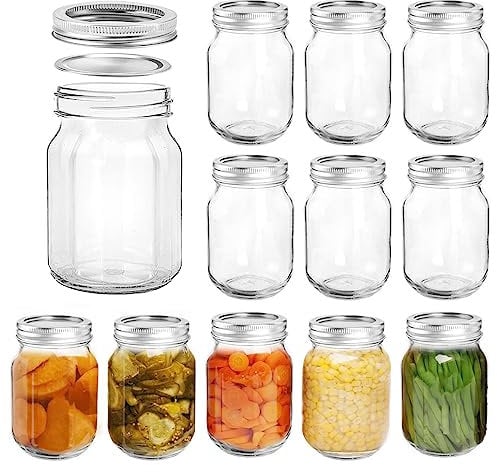 12 Pack Regular Mouths Canning Jars,16oz Glass Mason Jars with Metal Airtight Lids, Clear Food Storage Mason Jars Glass Container for Honey, Spices,Pickling,Jam, Jelly,Overnight Oats