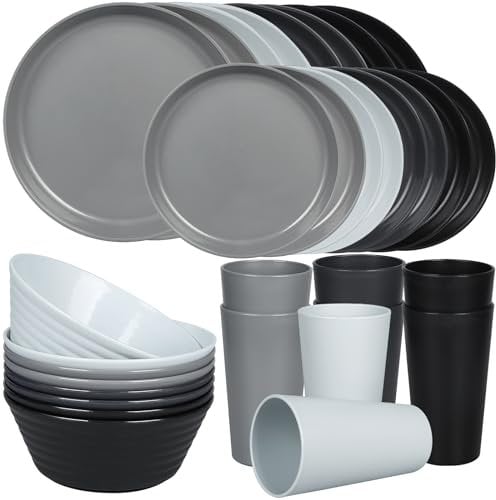 Greentainer Geschirrsets aus Kunststoff (32pcs) | Leicht und Unzerbrechlich Camping Geschirr Set,Teller, Schüsseln,Tassen,Tafel-Service für 8 Person, Ideal für Kinder & Erwachsene