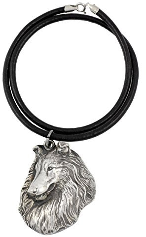 Art-Dog Hundekopf-Halskette auf Lederband - ArtDog Kollektion Hunde Halskette - Silberne Ketten mit Hundebildern - Schmuck mit Hunderassen - Rough Collie - Langhaar