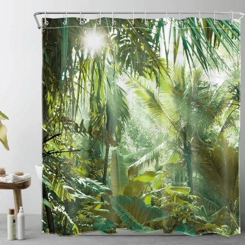 LB Grüner Wald Duschvorhang 240x175cm(BxH) Tropische Palme im Dschungel Antischimmel Wasserdicht Badezimmer Vorhänge, Naturlandschaft Extra Breit Polyester Stoff Bad Vorhang mit Haken