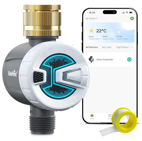 RAINPOINT Programador Riego Bluetooth con Entrada de Latón, Temporizador Riego Automatico con Modo de Ciclo y Remojo, Retardo de Lluvia/Riego Manual para Jardín, Césped, Control de Aplicación Remota