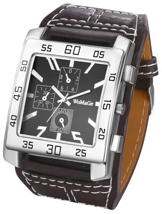 JewelryWe Uhren Herren Leder Rechteckig: Braun Steampunk Vintage Analog Quarz Armbanduhr Männer Groß Breit Leder Armband Uhr mit Arabischen Ziffern Rechteck Zifferblatt