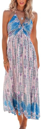 CUPSHE Damen Sommerkleid V Ausschnitt Neckholder Ärmellos Volants Lang Freizeitkleider Backless Smocked Maxi Beach Dress Paisley Rosa Blau L