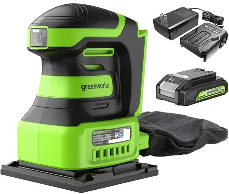 Greenworks 24V Cordless Hand Sander, 1/4 Orbital Sander with Dust Bag, Compact and Lightweight, 11000 OPM, with 2Ah Battery and Charger
