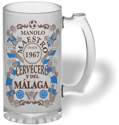 Bee Ingenious Jarra cerveza personalizada Maestro cervecero y del Malaga de cristal esmerilado con nombre y año personalizados Regalo para hombres. Regalo para padre, novio. (Maestro Malaga)