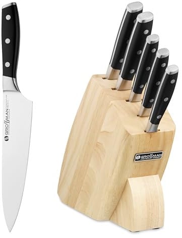 GROSSMAN Ontario Messerblock 5-teilig – Scharfe Küchenmesser aus deutschem Edelstahl – Messerständer aus Gummibaumholz – rutschfest & platzsparend – Beige | Tiefschwarz