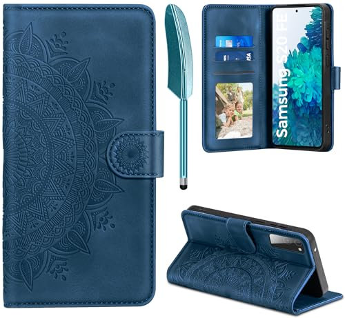 EASDNB Lederhülle für Samsung Galaxy S20 FE Hülle, Handyhülle für Galaxy S20 FE Flip Wallet PU Leder Case [Kartenfach] [Magnet] [Ständer] Prägung Klapphülle Schutzhülle für Samsung S20 FE, Dunkelblau