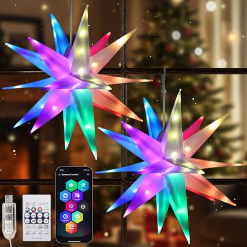 Lewondr 2 Stück Hängendes Weihnachtsdeko Außen LED Stern,40 cm Weihnachtsstern Fenster Deko mit Intelligenter APP-Fernbedienung & Timer,3D USB Hängendes Sternlicht Weihnachtsdekoration, Mehrfarbig