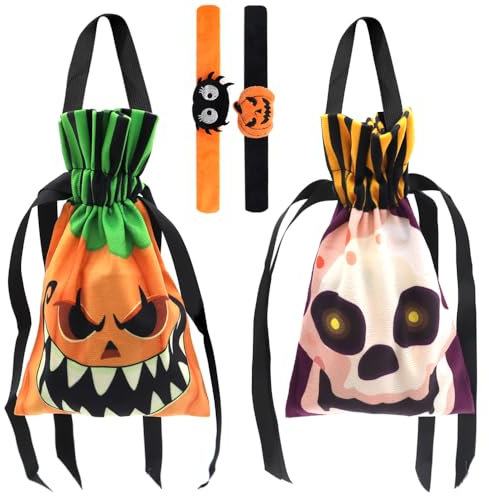 YDHfdc 2 Stück Halloween Süßigkeiten Tasche mit Kordelzug Halloween Kürbis Tasche mit Slap Armbänder Halloween Tasche Kürbis und Schädelmuster für Sammle Süßigkeiten
