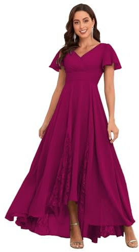 CLcaojun Vestido de noche de gasa para madre de la novia, vestido de noche acampanado con encaje fruncido, asimétrico, vestidos de dama de honor, fucsia, 42
