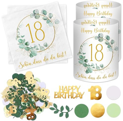 20 Stück Servietten 18 Geburtstag+ 12 Windlicht Tischdeko + 100 Konfetti Deko Grün, Deko 18. Geburtstag Mädchen Junge, Eukalyptus Tisch Deko 18 Jahre