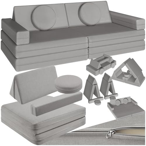 tectake® Spielsofa, Kindersofa klappbar, modulares Sofa mit Spiel- und Schlaffunktion, Möbel für Kinderzimmer, Indoor Spielplatz, Couch oder Sitzkissen, Schaumstoff Stapelsteine - 160 cm, grau