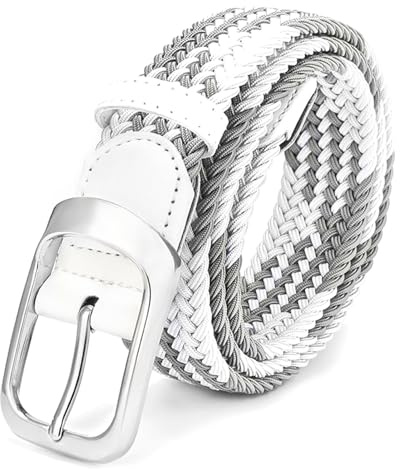 Uoocg Flechtgürtel Elastischer Unisex-Stoffgürtel (3,4 cm) – dehnbarer Polyester-Stretchgürtel geflochten für Damen und Herren | Größe auswählbar | Farbkontrast Weiß/Grau 110 cm