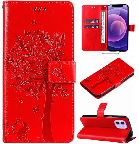 Hancda Phone Case for iPhone 12 / iPhone 12 Pro Leather Case with Tempered Glass Screen Protector Wallet Card Holder Slot Flowers Design Magnetic Case Flip Cover for iPhone 12/iPhone 12 Pro,Red