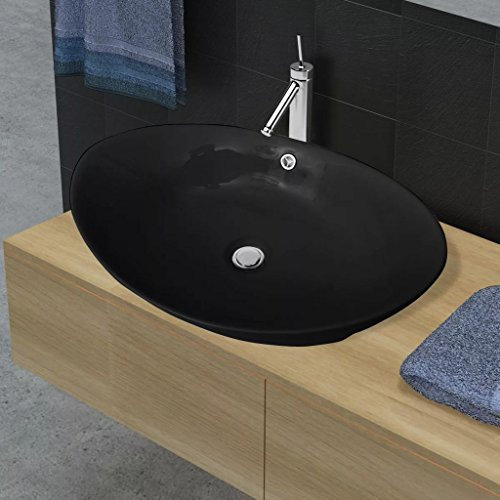 ShGaxin Lavabo, Lavabo sobre Encimera, Lavabo Baño, Muebles De Baño, Mueble Lavabo, Oval de cerámica Negra de Lujo con desagüe, 59 x 38,5 cm