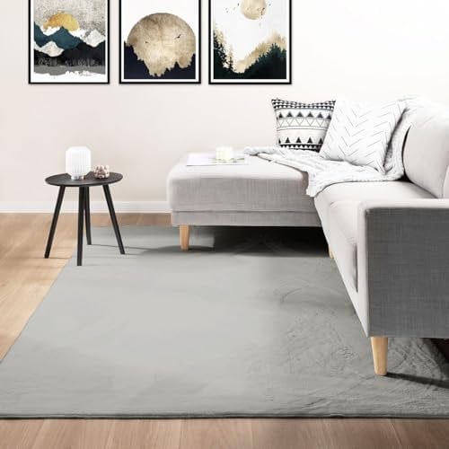 VIMODA Teppich Wohnzimmer Schlafzimmer Fellteppich, kurzflorig – waschbar und Fußbodenheizung geeignet,Farbe:Grau;Maße:200x280 cm