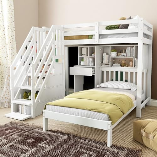 Litera Infantil Multifuncional | Cama Doble con Escritorio, Estantes y 2 Cajones | Estructura de Madera Maciza con Somier de Láminas | Color Blanco | 90x200 cm | Segura y Fácil Montaje