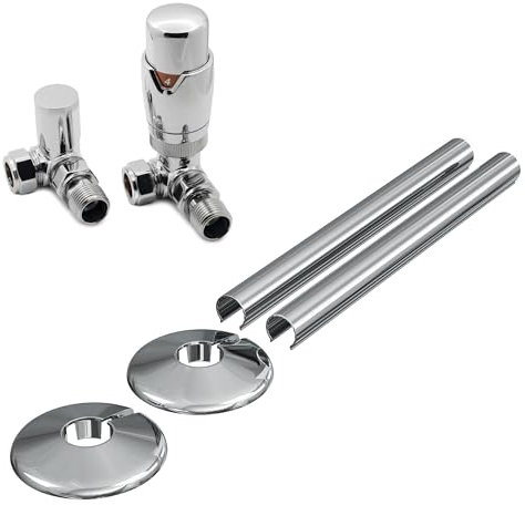 Chrome Thermostatic Radiator Valve Corner - 15mm x R 1/2 with Lockshield with Matching Clip-on Pipe Covers and Collars
