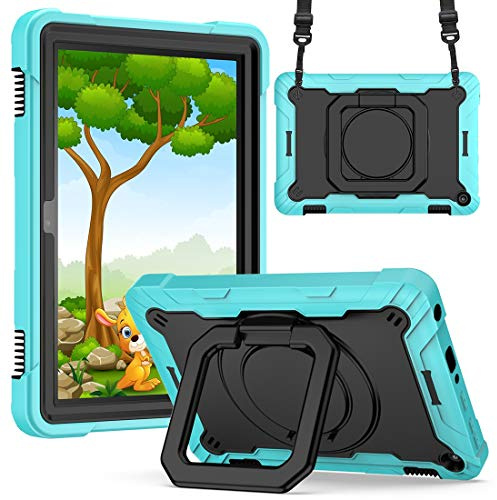 ADVDJBV Tablet-Hülle Case for New Fire HD 8.0 2020 DREI-in-One-Hochleistungs-Stoßdämpfer robust, staubfest 360 Grad rotierender Multifunktions-Ring-Griffhalterung(Aqua+Black)