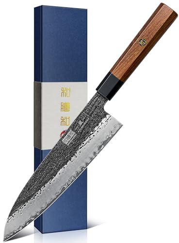 HOSHANHO 20cm Kochmesser, Japanisches Gyuto Küchenmesser Profi Messer | 9-Lagiges Küchenmesser Aus 10CR15MOV-Kohlenstoffstahl, Kochmesser Profi Messer mit Achteckigem Rosenholzgriff