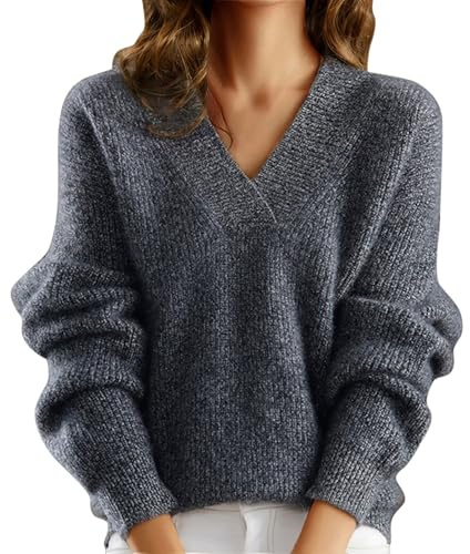 Generisch Jersey de punto grueso para mujer, elegante, cuello de pico, manga larga, monocolor, jersey suelto, sudadera de invierno, punto fino