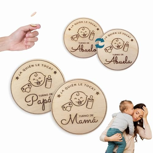 Ayurvana Baby-Münze aus Holz – Schicht Mama / Papa + Großeltern – Geschenk für Babyparty, Geburt und Ersteltern – Lustiges und dekoratives Detail mit Tasche im Lieferumfang enthalten