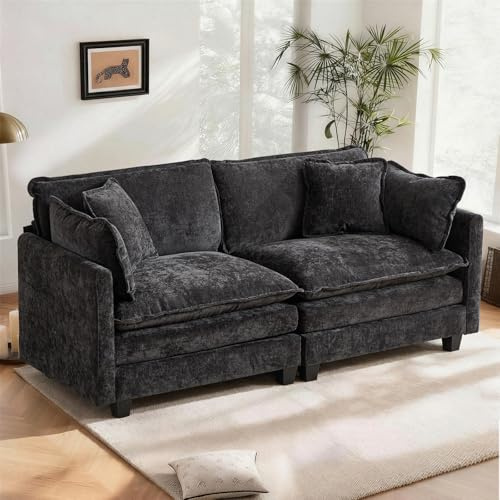 SoarFlash Modulares Sofa mit Doppelpolsterung, Schwarz, 2-Sitzer | Chenille Stoff mit Kissen & Armlehnen. Niedrige Sitzfläche, flache Füßen. Ideal für Wohnzimmer, Schlafzimmer & Wohnungen.