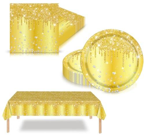41Pcs Gold Diamond Party Tableware Set for Her Women Girls,Glitter Disposable Dinnerware with 20 Gold Paper Plates,20 Napkins,Plastic Table Cloth for Birthday,Wedding,Baby Shower Party Decoration