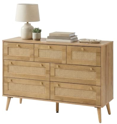 7 Drawer Chest of Drawers Bedroom Furniture - Oak and Rattan Storage Drawers - Living Room TV Stand Cabinet Sideboard, Console Table - Rustic Heavy Duty Clothes Storage with Wall Fixing