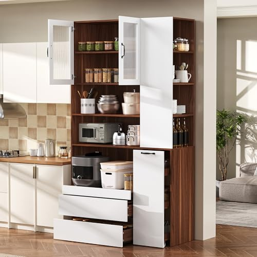 Kelodan Mueble alto con estantes ajustables y cajones, armario buffet con estantes extraíbles y cristal estriado, ideal para comedor, salón y cocina (blanco+nogal), color blanco y nogal.