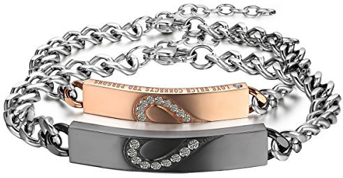 Cupimatch Edelstahl Paare Armband mit Gravur Herz Armbänder Pärchen für Verliebte Damen Herren, Pärchen Armketten, Liebe Ehepaar Armreif, Rosegold Silber Schwarz