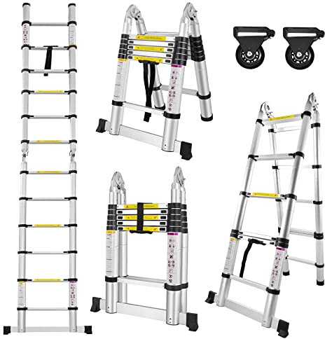 LARS360 Scala pieghevole da 3,8 m, telescopica, da appoggio, multifunzionale, allungabile e telescopica, colore nero, 12 pioli, in alluminio di alta qualità, portata 150 kg