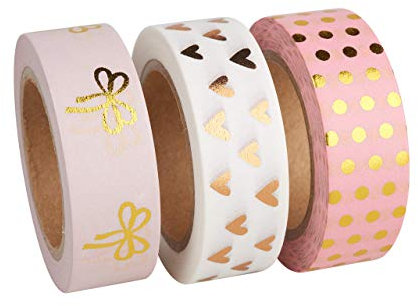 Rayher Hobby Rayher Hobby Rayher 60893000 Washi Tape Set, 3 Rollen á 10 m, 15 mm breit, 3 Designs rosé/gold/weiß gemustert, Papierfolie, Papierband, Klebeband, Dekoband