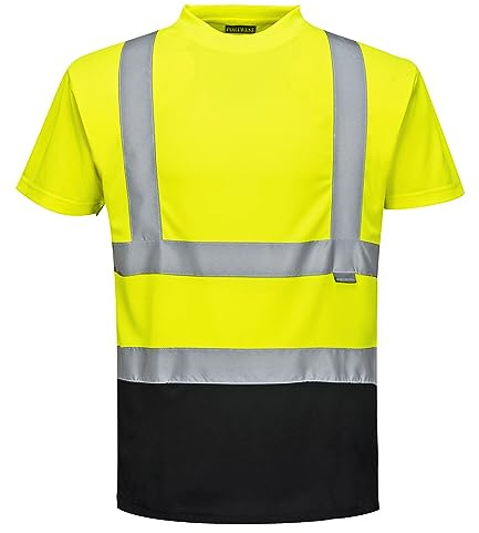 Portwest S378 Mens Hi Vis T Shirt Short Sleeve Workwear Safety Top Reflective Contrast Bird Eye Knit UPF 40 Moisture Wicking Construction Roadwork Site, Yellow/Black, 6XL